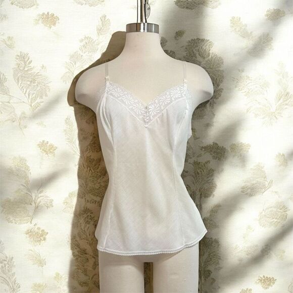Vintage Tops - Vintage 60s Camisole Tank Top Medium White Lace  Fitted 1960s